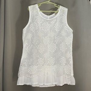 EALEY FUSHI Girl’s White Sleeveless Sheer Dress Pleated Skirt Lacey Overlay Sz L